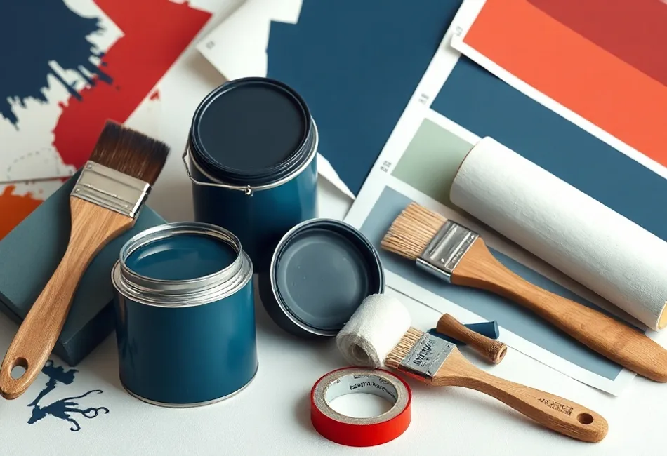 Pots de peinture, nuancier, brosses et rouleaux disposés à plat
