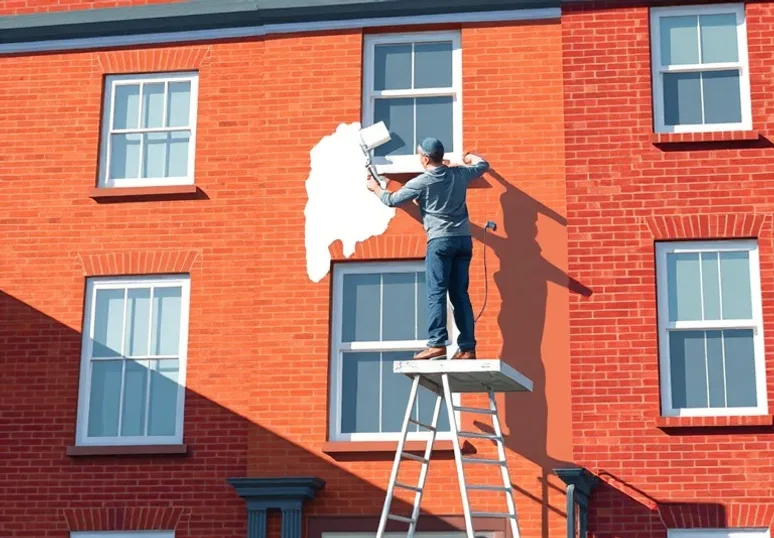 Peintre sur échafaudage traitant la façade d'une maison